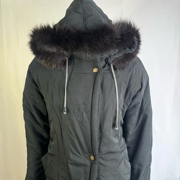NUAGE BLACK PARKA COAT OVERSIZED JACKET FAUX FUR VINTAGE COAT XS - Picture 8 of 15